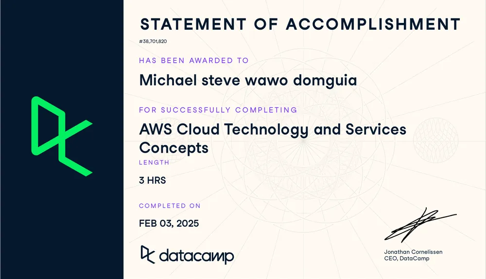 Certification AWS — Concepts de la technologie et des services du cloud, obtenue par Wawo Domguia Michael Steve